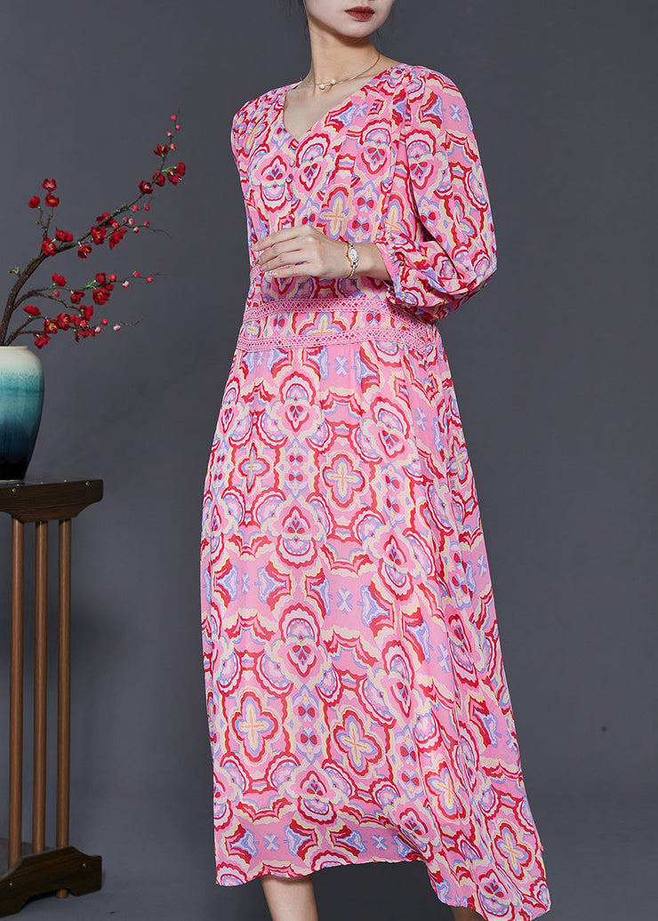 Simple Pink Print Silm Fit Chiffon Dresses Summer