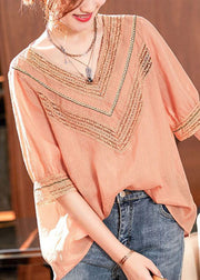 Simple Pink V Neck Hollow Out Patchwork Linen Tops Summer