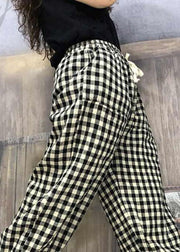 Simple Plaid Pocket Patchwork Cotton Crop Pants Summer