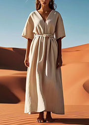 Simple Plus Size Beige V Neck Tie Waist Linen Dresses Summer