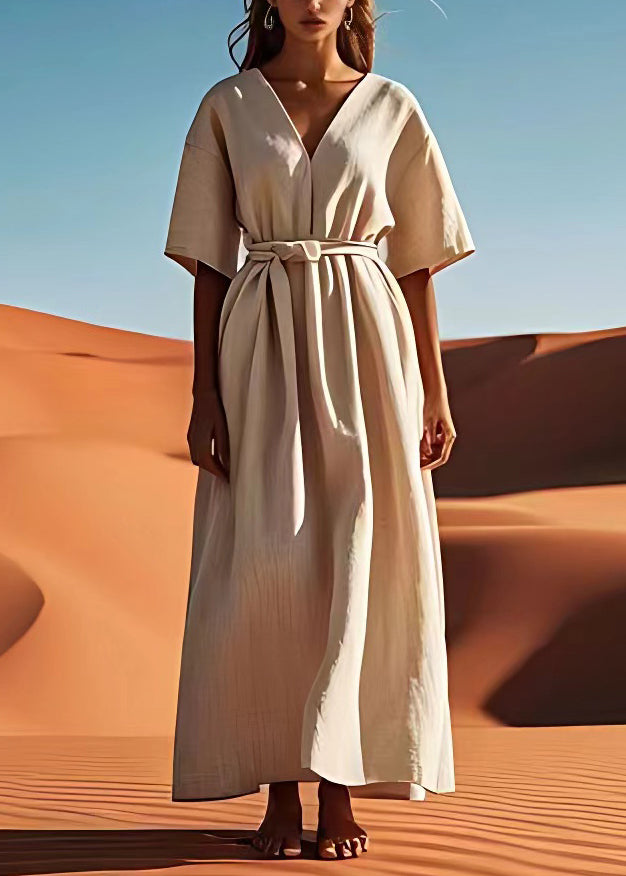 Simple Plus Size Beige V Neck Tie Waist Linen Dresses Summer