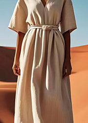 Simple Plus Size Beige V Neck Tie Waist Linen Dresses Summer