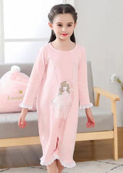 Simple Princess Print Lace Patchwork Cotton Kids Girls Jumpsuit Long Sleeve