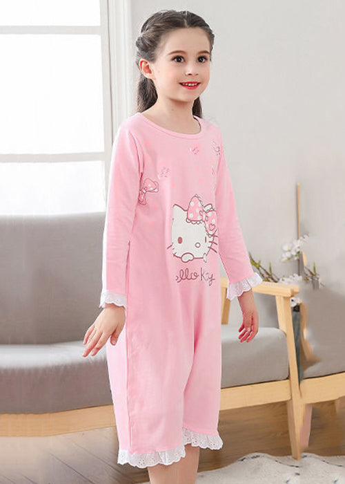 Simple Princess Print Lace Patchwork Cotton Kids Girls Jumpsuit Long Sleeve