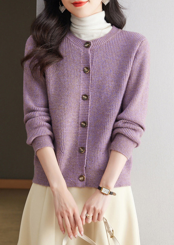 Simple Purple O Neck Button Knit Cardigan Fall