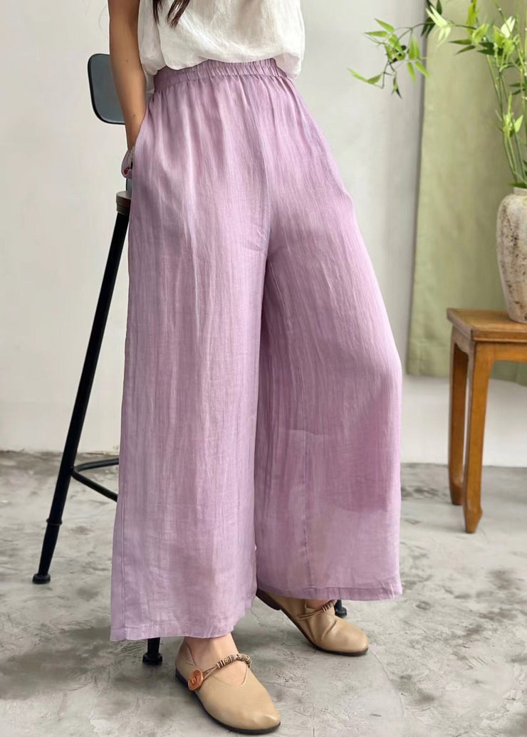 Simple Purple Pockets Elastic Waist Linen Wide Leg Pants Summer