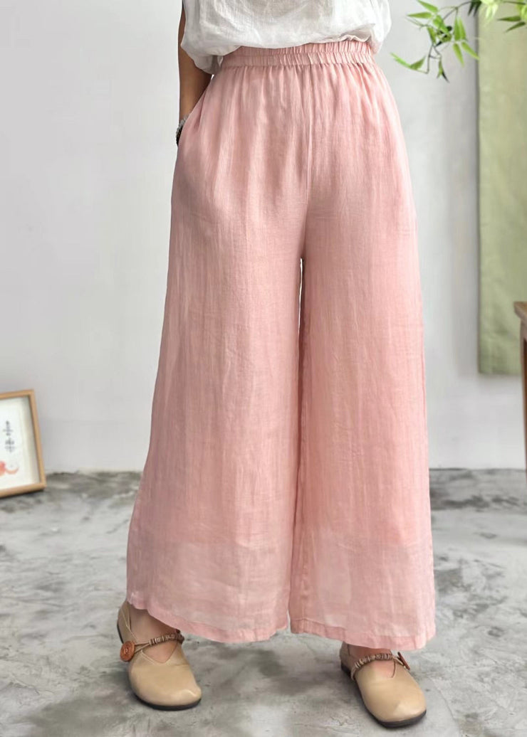 Simple Purple Pockets Elastic Waist Linen Wide Leg Pants Summer