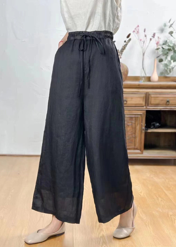 Simple Purple Pockets Elastic Waist Linen Wide Leg Pants Summer