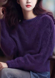 Simple Purple Solid Cozy Cotton Knit Top Long Sleeve