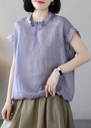 Simple Purple Stand Collar Zip Up Cotton Loose Sweatshirts Top Short Sleeve