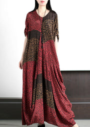 Simple Red Asymmetrical Print Silk Long Dress Short Sleeve