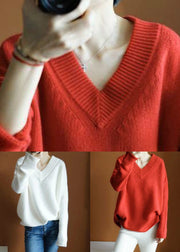 Simple Red Asymmetrical Solid Knit Top Long Sleeve