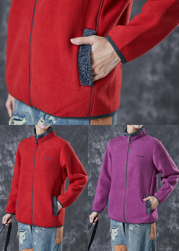 Simple Red Embroidered Warm Fleece Coat Winter