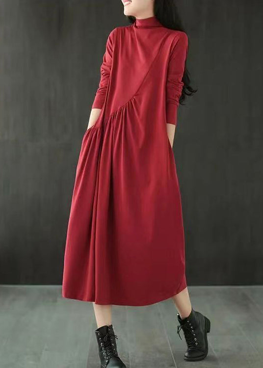 Simple Red Hign Neck Wrinkled Patchwork Cotton Long Dresses Fall