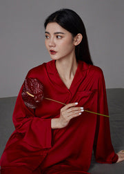 Simple Red Peter Pan Collar Button Solid Ice Silk Couple Pajamas Two Pieces Set Long Sleeve