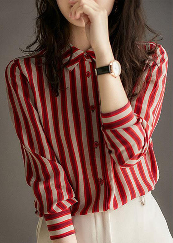 Simple Red Peter Pan Collar Striped Patchwork Chiffon Shirt Long Sleeve