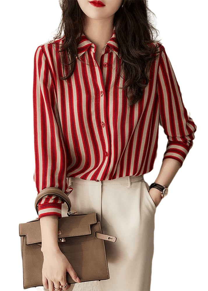 Simple Red Peter Pan Collar Striped Patchwork Chiffon Shirt Long Sleeve