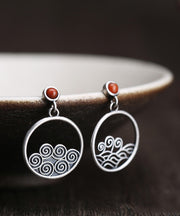 Simple Red Silver Inlaid Agate Hoop Earrings