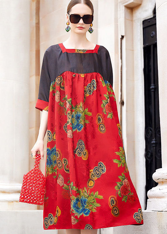 Simple Red Square Collar Print Patchwork Long Dress Short Sleeve