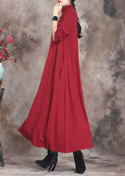 Simple Red Turtleneck Patchwork Knit Cotton Maxi Dress Long Sleeve