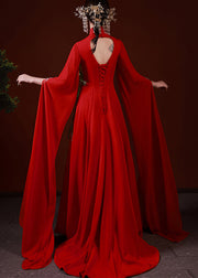 Simple Red V Neck Zircon Lace Up Silk Maxi Dress Long Sleeve