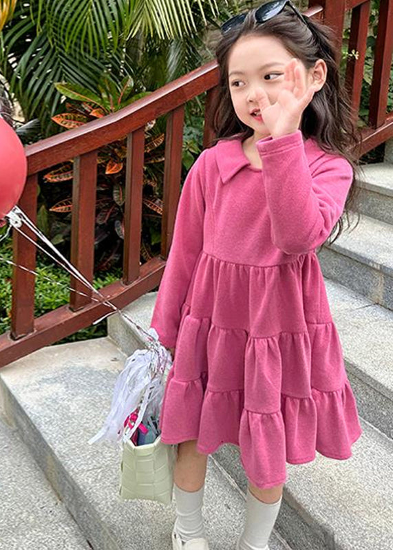 Simple Rose Patchwork Wrinkled Kids Long Dresses Fall