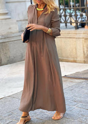 Simple Royal Blue V Neck Cotton Long Dress Fall