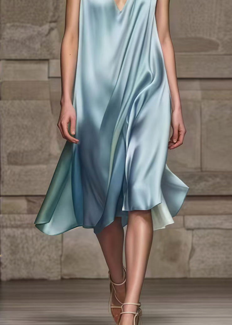 Simple Sea Blue V Neck Draping Silk Dresses Summer