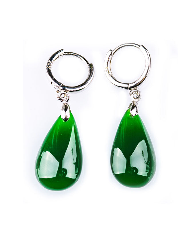 Simple Silk Sterling Silver Jade Water Drop Drop Earrings