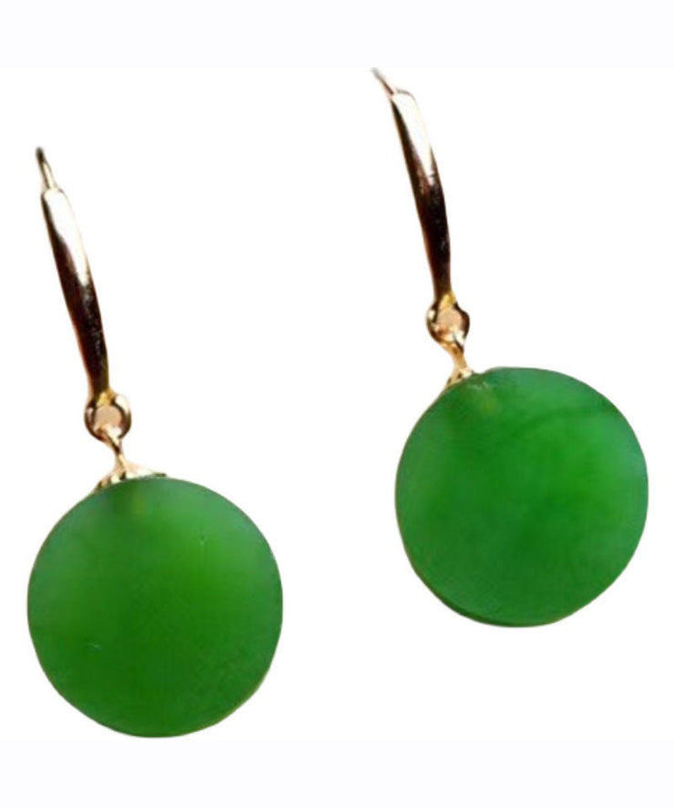 Simple Spinach Green 18K Gold Inlaid Jade Round Brand Drop Earrings