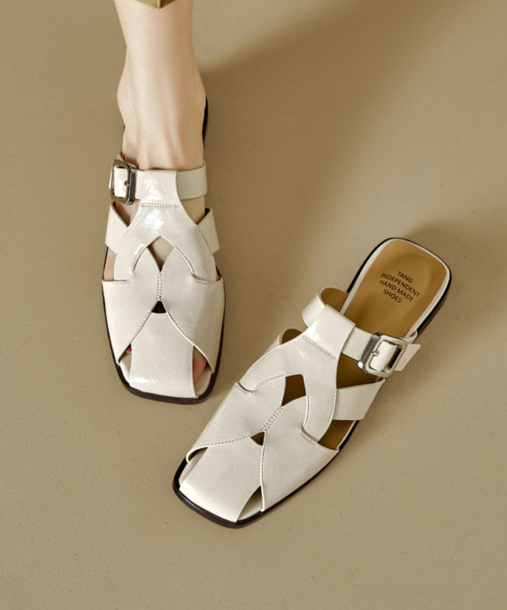 Simple Splicing Hollow Out Beige Cowhide Leather Slide Sandals