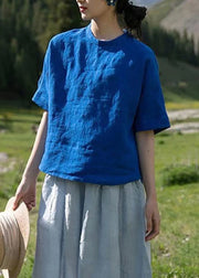 Simple Style Blue O Neck Linen T Shirt Top Summer