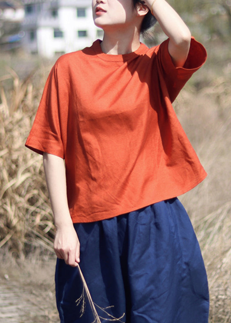 Simple Style Blue O Neck Linen T Shirt Top Summer