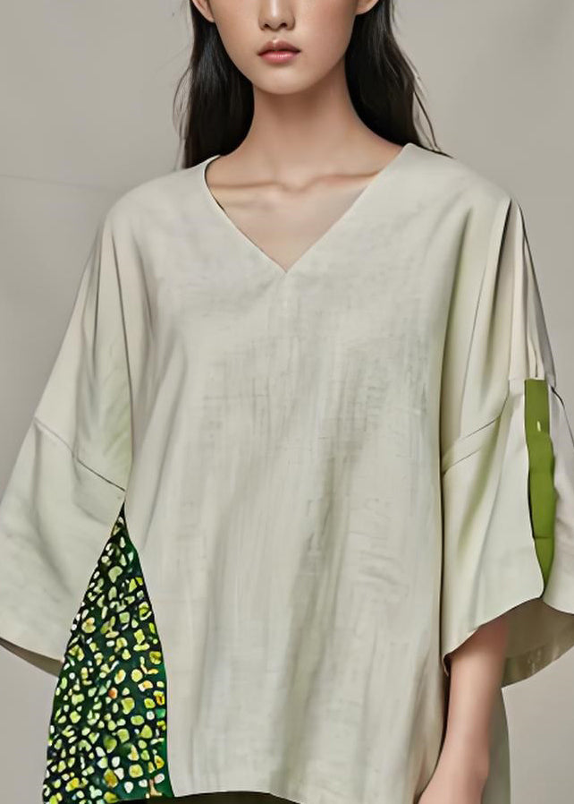 Simple V Neck Asymmetrical Patchwork Cotton Tops Summer