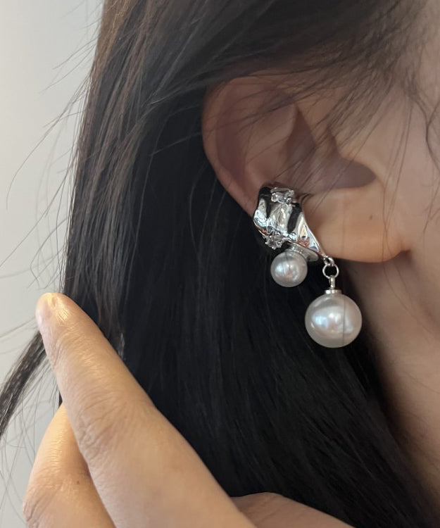 Simple White Alloy Pearl Tassel Drop Earrings