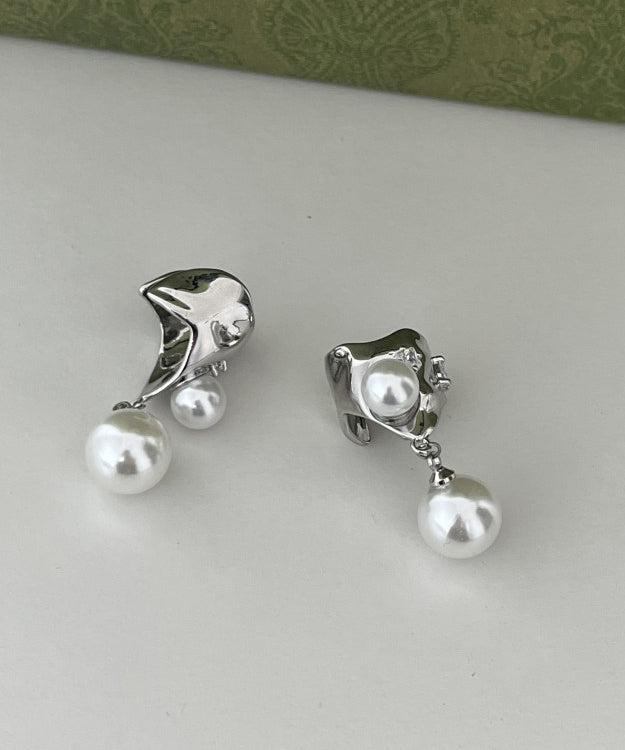 Simple White Alloy Pearl Tassel Drop Earrings