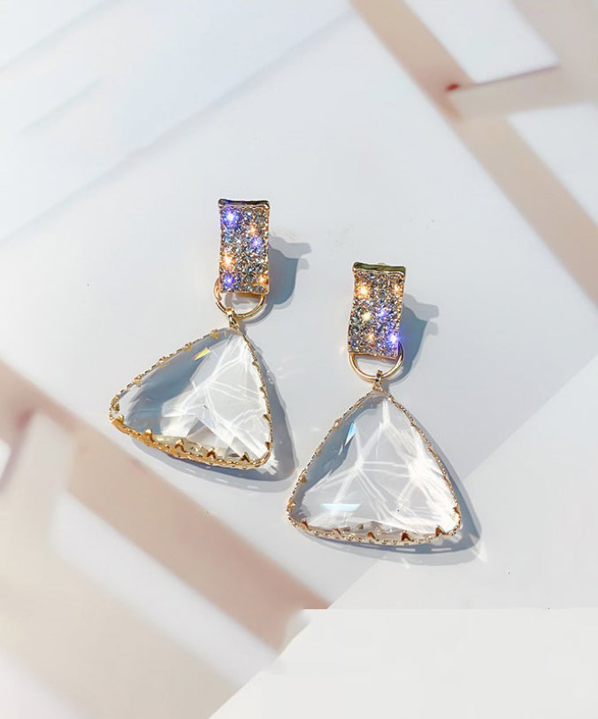 Simple White Alloy Zircon Triangle Crystal Drop Earrings