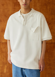 Simple White Button Pockets Solid Cotton Mens Polo Shirt Summer