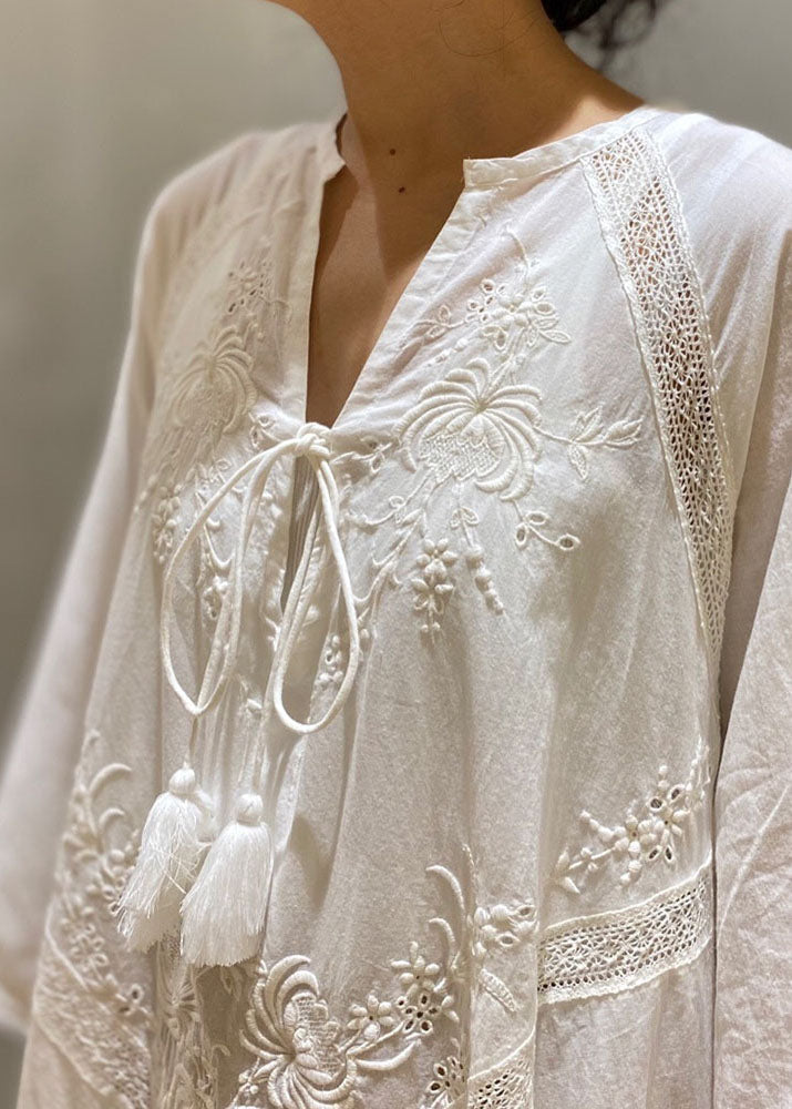 Simple White Embroidered Hollow Out Cotton Long Dresses Spring