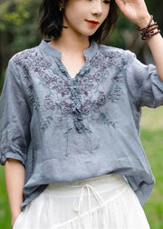 Simple Yellow  Embroidered Ruffled Linen Shirt Top Summer