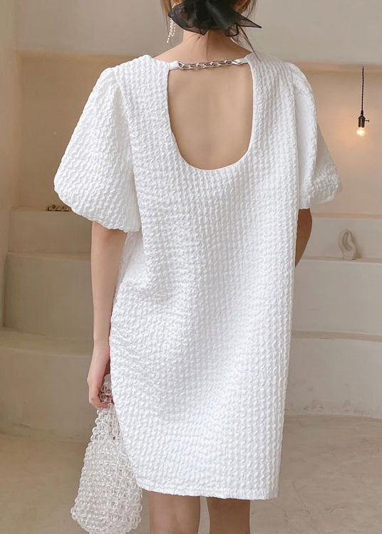 Simple White O Neck Backless Patchwork Cotton Mid Dress Puff Sleeve