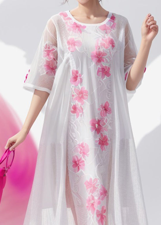 Simple White O Neck Print Plus Size Silk Dress Summer