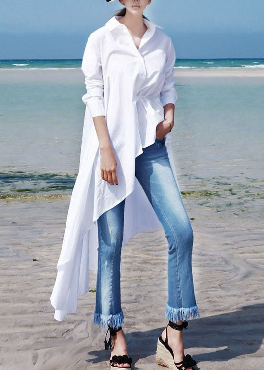 Simple White Peter Pan Collar Asymmetrical Cotton Long Shirt Spring