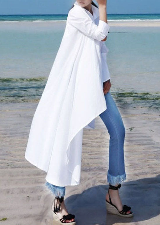 Simple White Peter Pan Collar Asymmetrical Cotton Long Shirt Spring