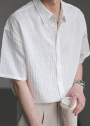 Simple White Peter Pan Collar Cotton Men Casual Clothing Summer