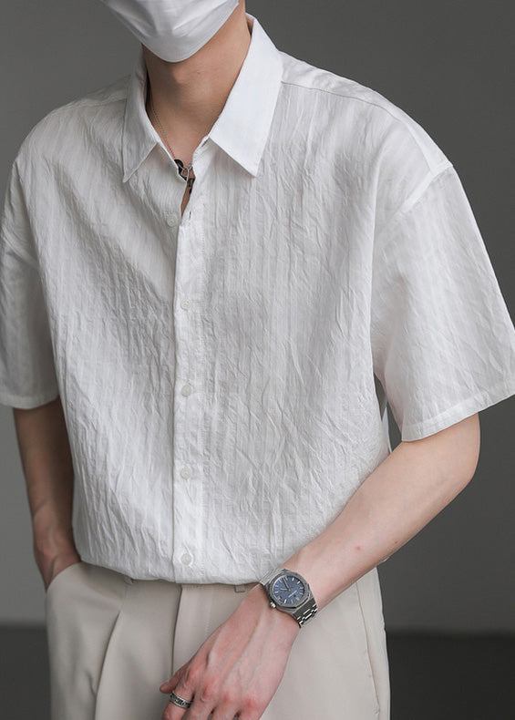 Simple White Peter Pan Collar Cotton Men Casual Clothing Summer