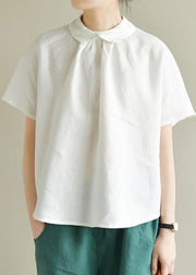 Simple green Peter Pan Collar Solid Linen Shirt Summer