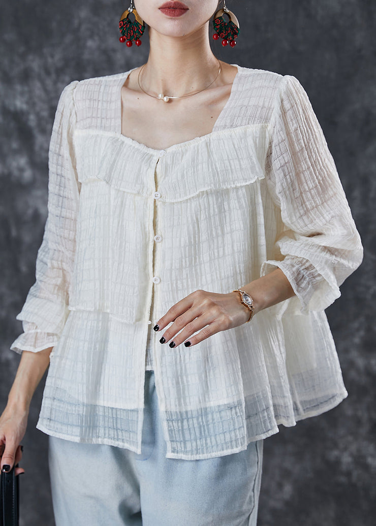 Simple White Square Collar Wrinkled Shirt Top Summer