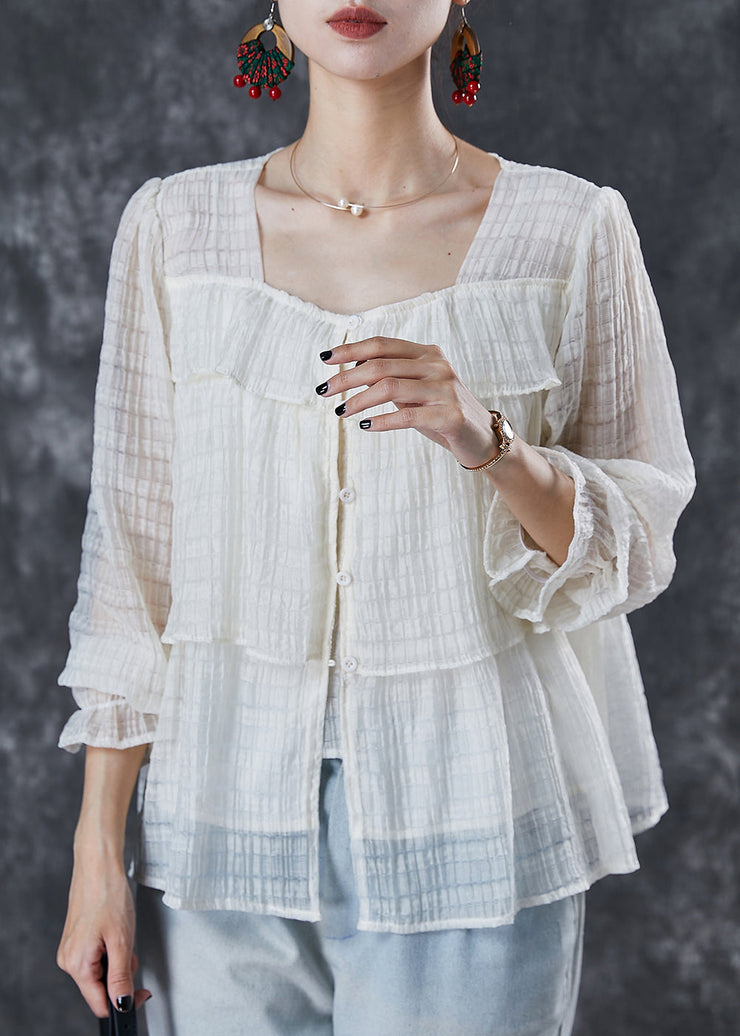 Simple White Square Collar Wrinkled Shirt Top Summer