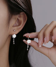 Simple White Sterling Silver Shell Floral Tassel Drop Earrings